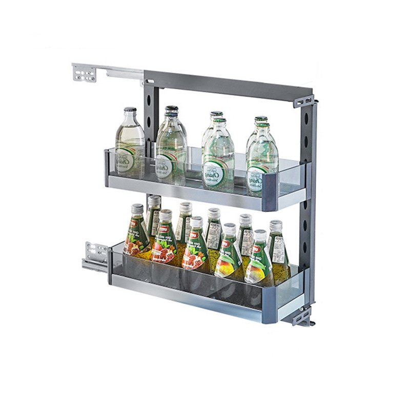 Modern Kitchen Organizer with Pull-Out Seasoning Baskets Three-Layer Storage Glass Pantry Unit Basket Drawers