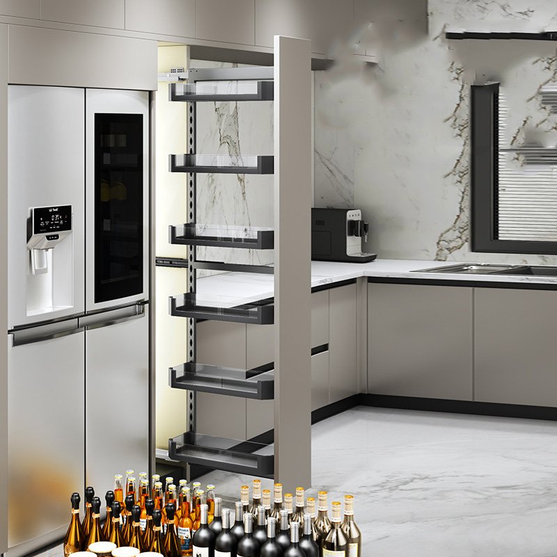 Modern Kitchen Organizer with Pull-Out Seasoning Baskets Three-Layer Storage Glass Pantry Unit Basket Drawers