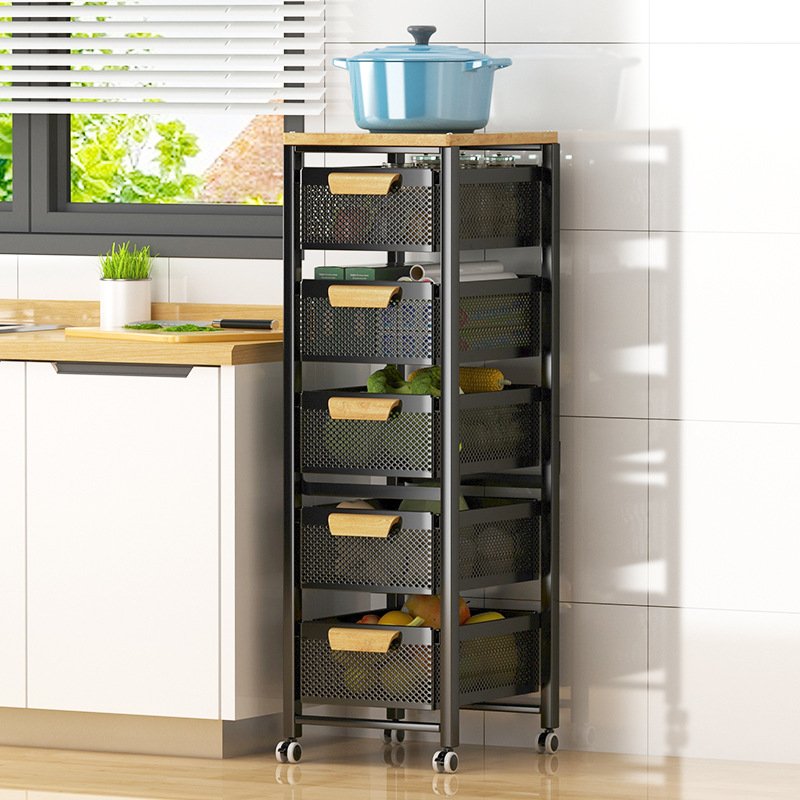 Kitchen Rack Removable Kitchen Basket For Fruit Vegetable Floor 5-layer Household Storage Kitchen Rack Black Trolley