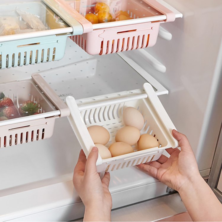Sesame Plastic Open Top Hanging Shelf with Handle Kitchen Storage Compartments for Refrigerator Food Organizing Basket