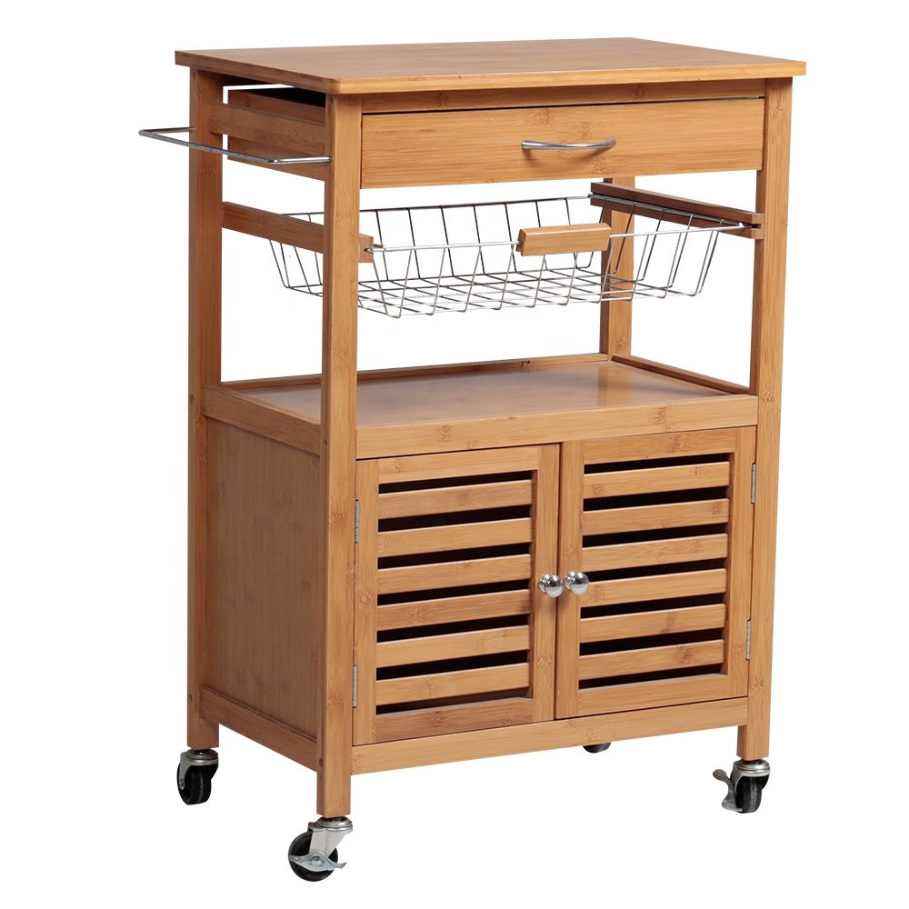 Wheel Home Furniture Wood Bamboo Rolling Kitchen Storage Trolley Cart With Drawer Baskets