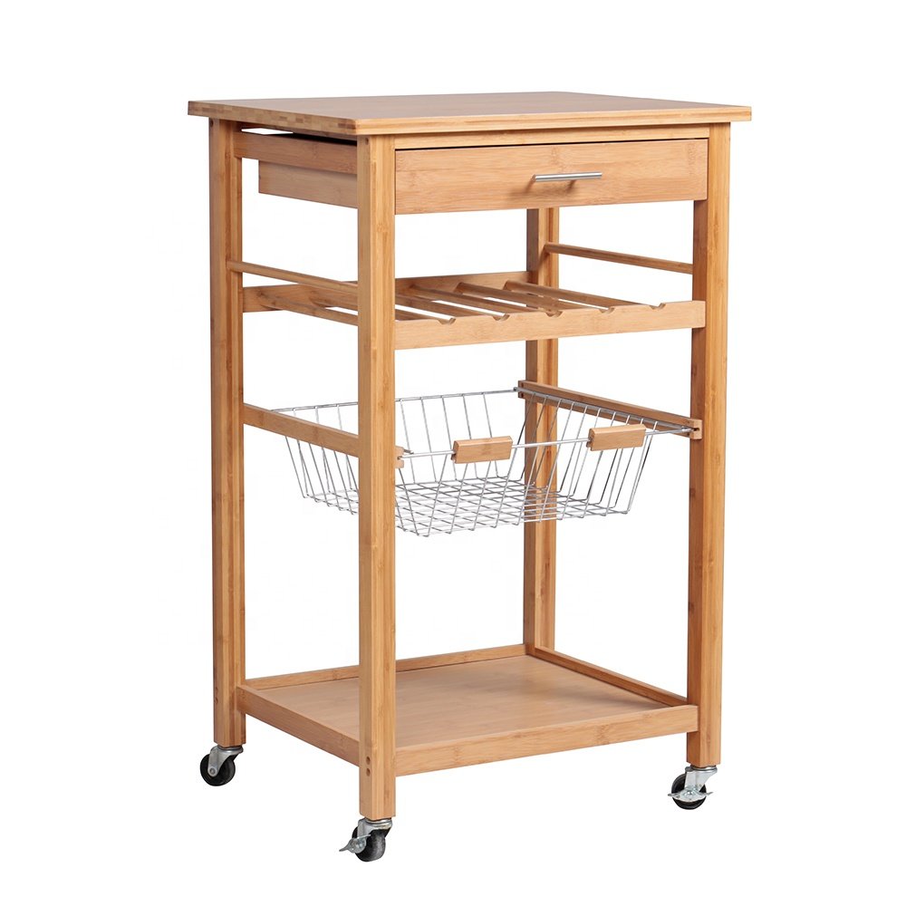 Wheel Home Furniture Wood Bamboo Rolling Kitchen Storage Trolley Cart With Drawer Baskets