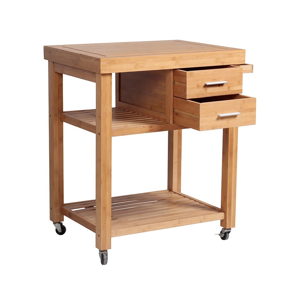 Wheel Home Furniture Wood Bamboo Rolling Kitchen Storage Trolley Cart With Drawer Baskets