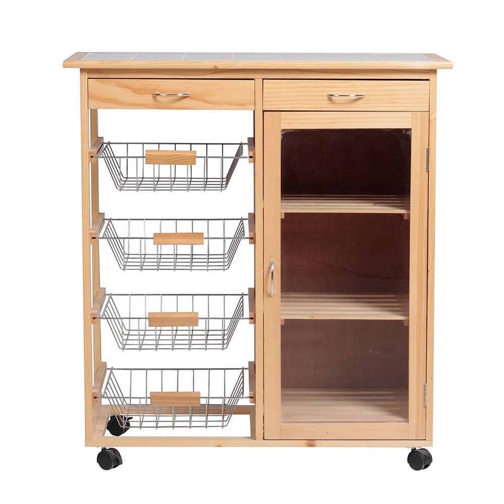 Wheel Home Furniture Wood Bamboo Rolling Kitchen Storage Trolley Cart With Drawer Baskets
