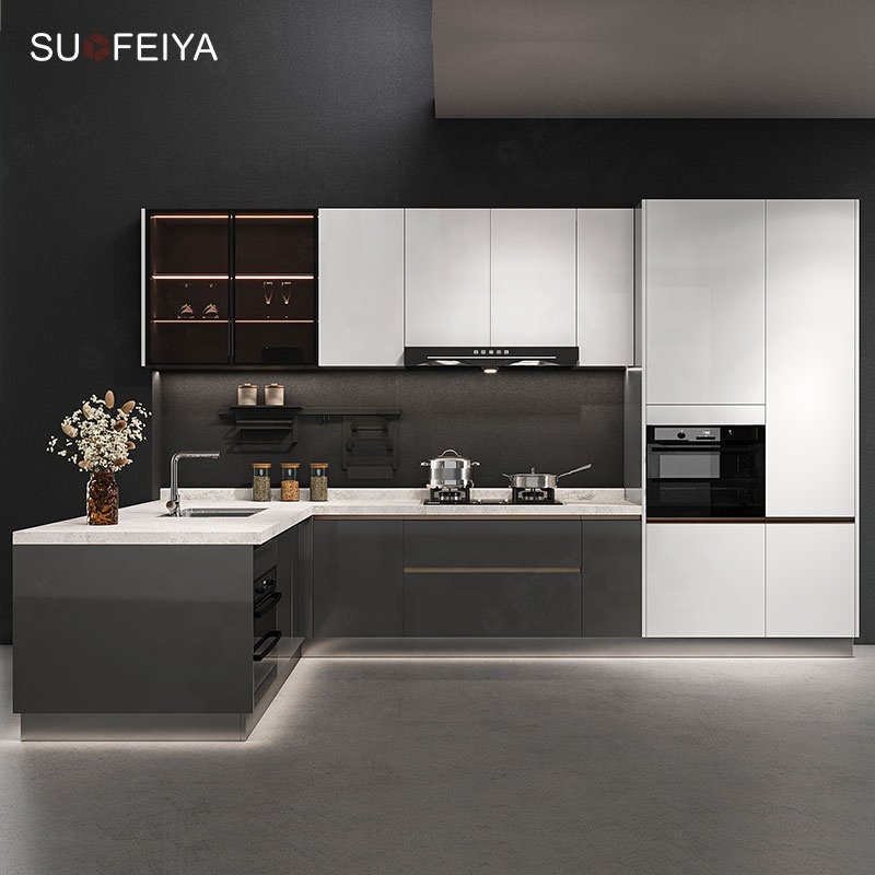 Suofeiya Custom luxury high gloss grey uv lacquer kitchen display storage cabinet cupboards price