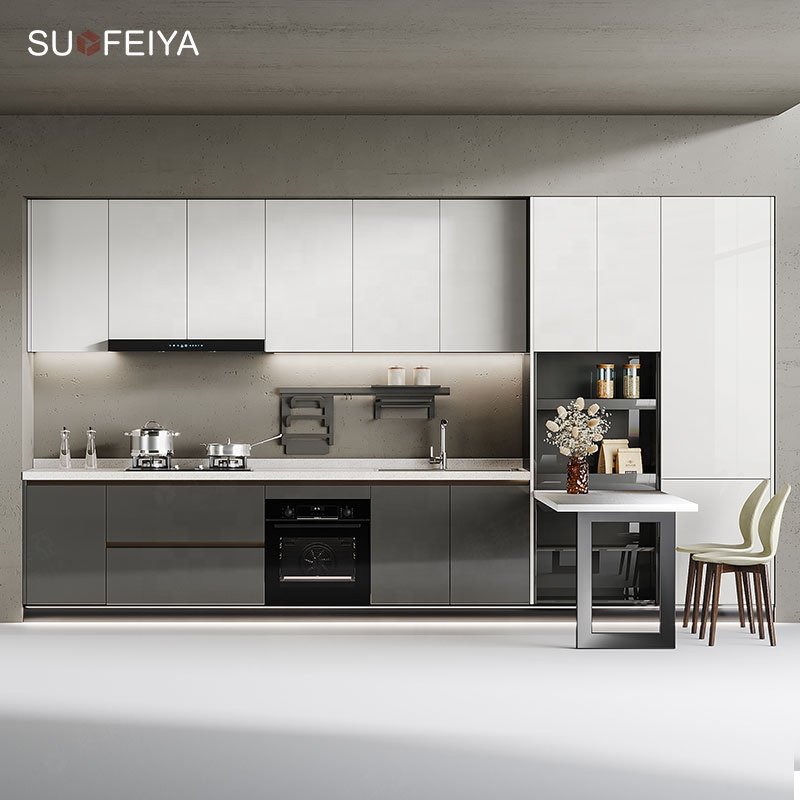 Suofeiya Custom luxury high gloss grey uv lacquer kitchen display storage cabinet cupboards price