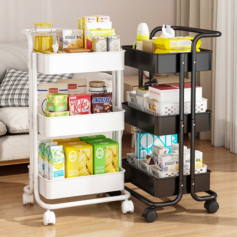 Cheap Price With Handle 4 Plastic Wheels Metal Basket 3 Tier Metal Storage Rack Rolling Cart Storage Carts