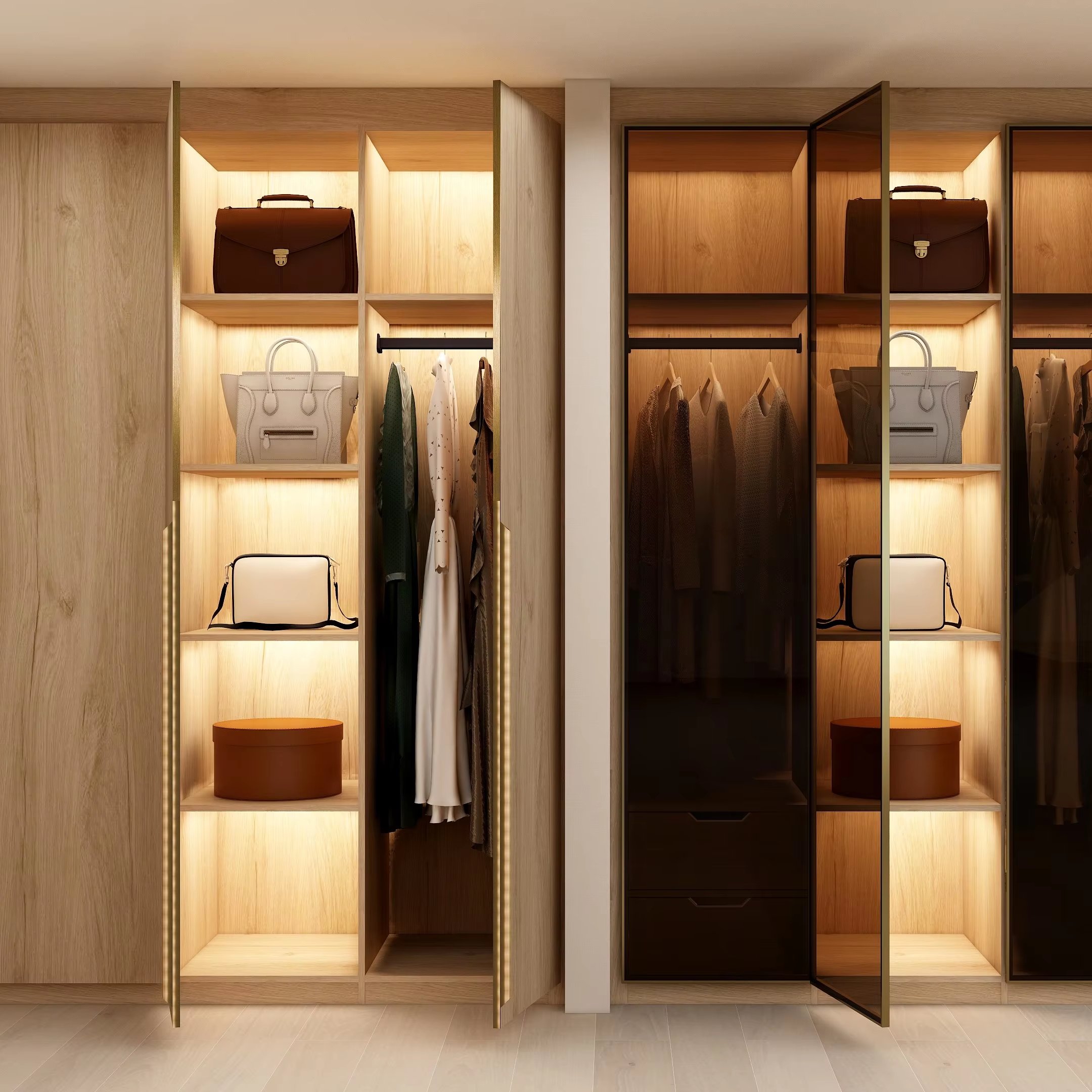 Modern glass Bedroom Walkin Cabinet Wardrobe Closets Systems Furniture Design Wooden Walk in Closet