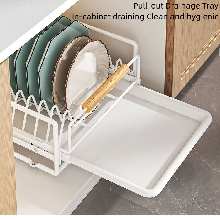 Plate Bowl Rack Storage Cabinet Drawer Built-In Pull-Out Dish Rack with Holder Dinnerware Organizer