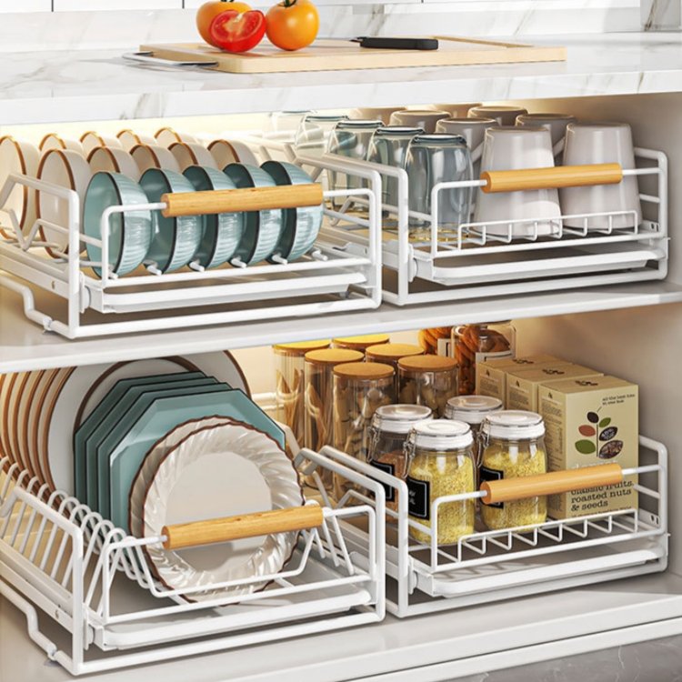 Plate Bowl Rack Storage Cabinet Drawer Built-In Pull-Out Dish Rack with Holder Dinnerware Organizer
