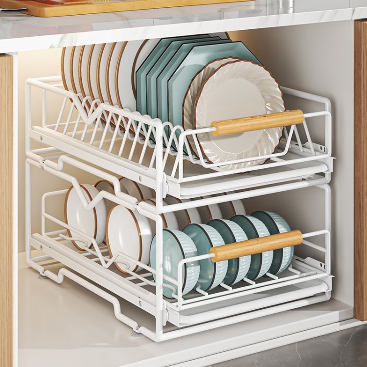 Plate Bowl Rack Storage Cabinet Drawer Built-In Pull-Out Dish Rack with Holder Dinnerware Organizer