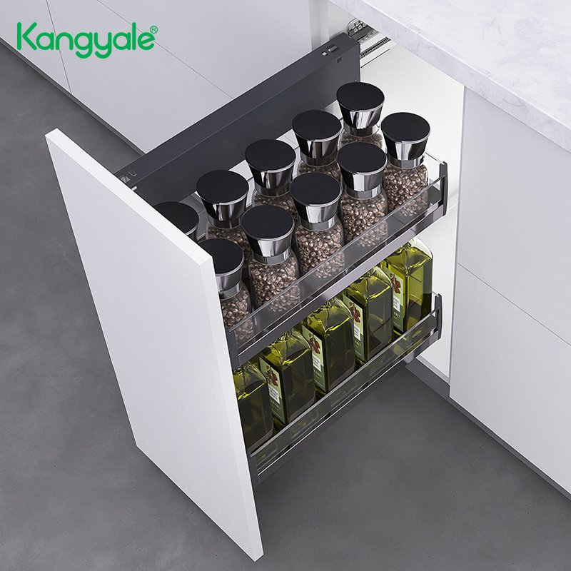 Kangyale Wholesale Household Items Condiments Pull Out Organizer Soft Closing Condiment Holder Seasoning Bottle Storage Rack