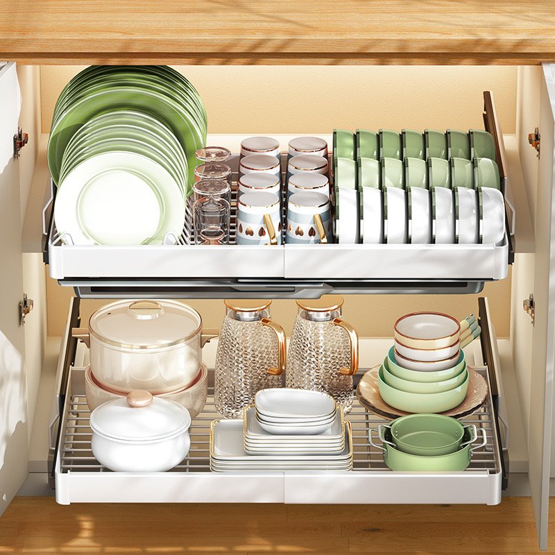 Drawer tray multi-functional double-layer drain bowl holder holder stainless steel kitchen dish holder expansion basket