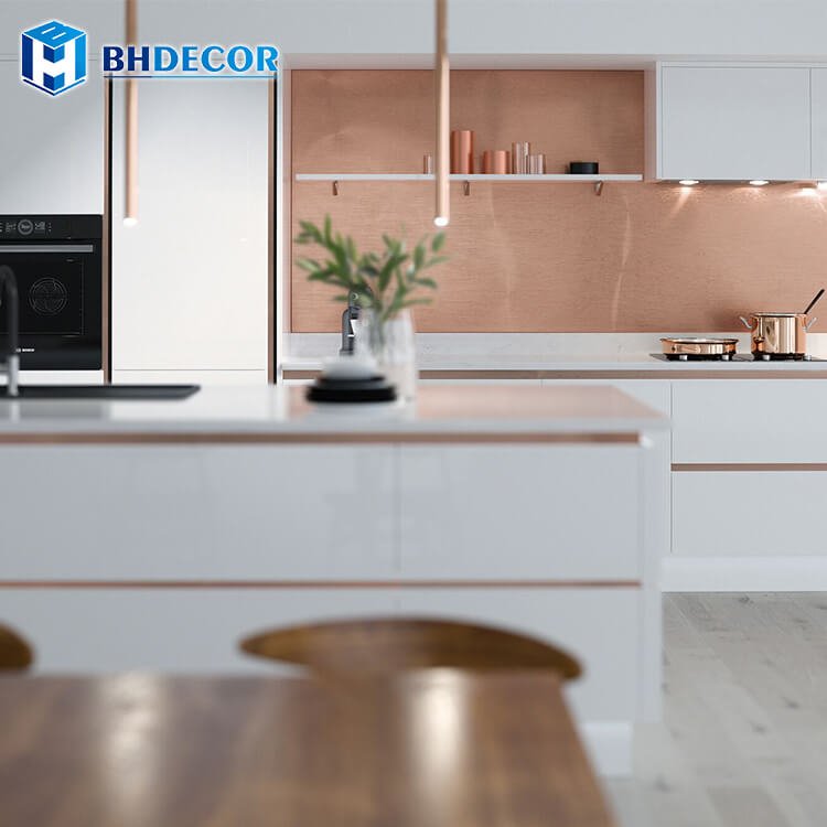 Custom European Waterfall Handleless Glossy High Gloss Mdf Pvc Lacquer White Cabinets Set Modern Kitchen Cabinet For Customers