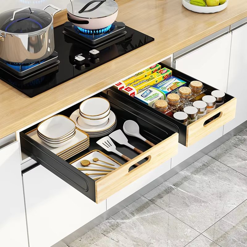 new bamboo Track push-pull standing pull out spice rack storage drawer seasoning organizer for cabinet under shelf kitchen