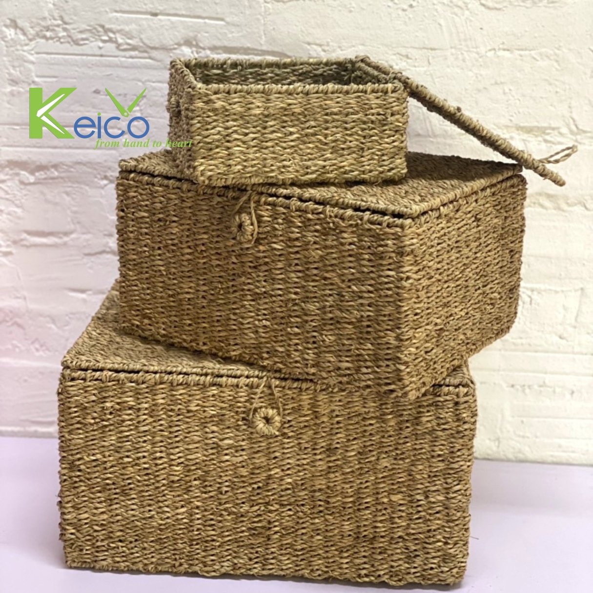 Wholesale Eco-friendly Storage Boxes & Bins from Viet Nam 3 Size Rectangular Seagrass Storage Baskets with Lids