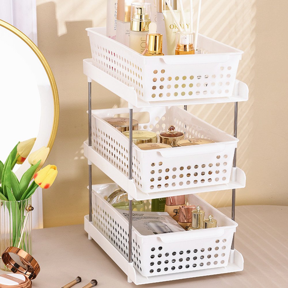 Custom 2 Tier Kitchen Bathroom Storage Basket Plastic Storage Shelf Rack Drawer Basket Organizer For Cabinet