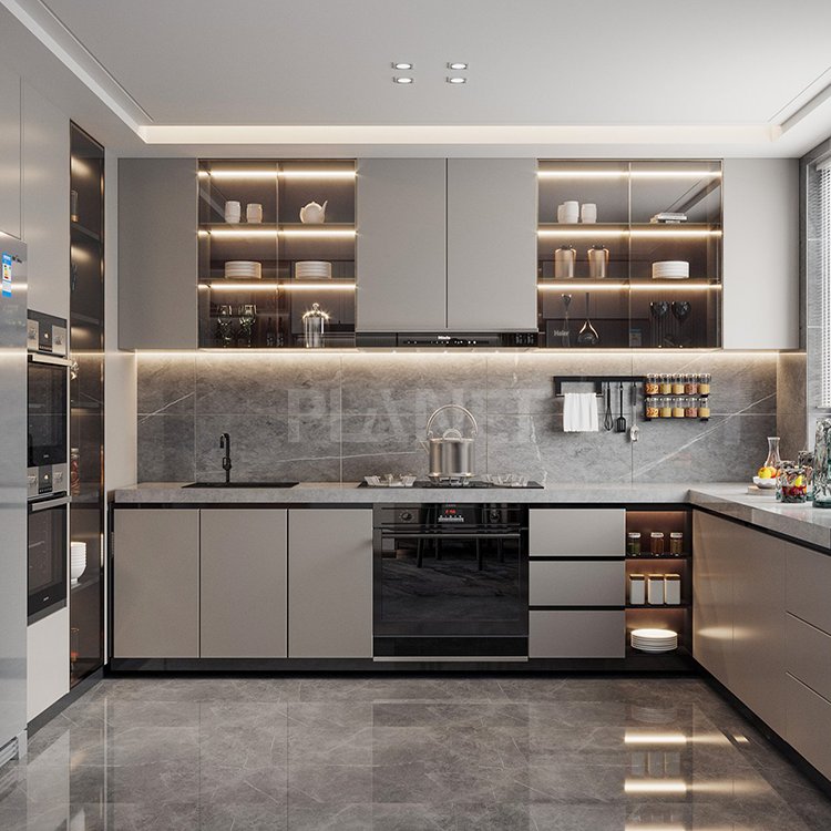 Prefab house white marble countertop matte black base cabinet wood grain kitchen wall cabinet for villa drawing room