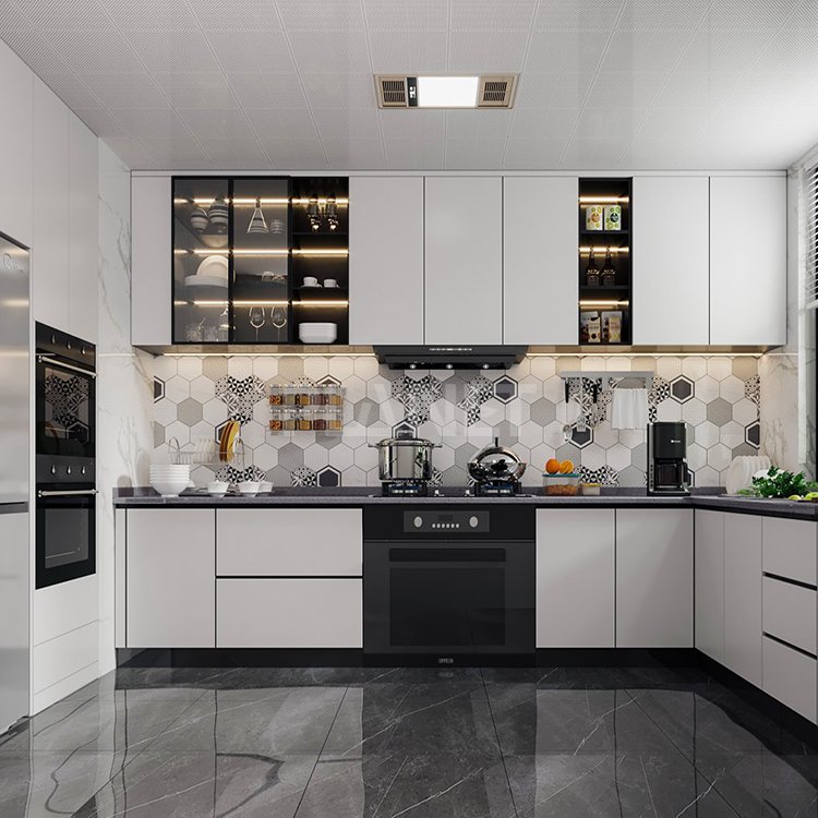 Prefab house white marble countertop matte black base cabinet wood grain kitchen wall cabinet for villa drawing room