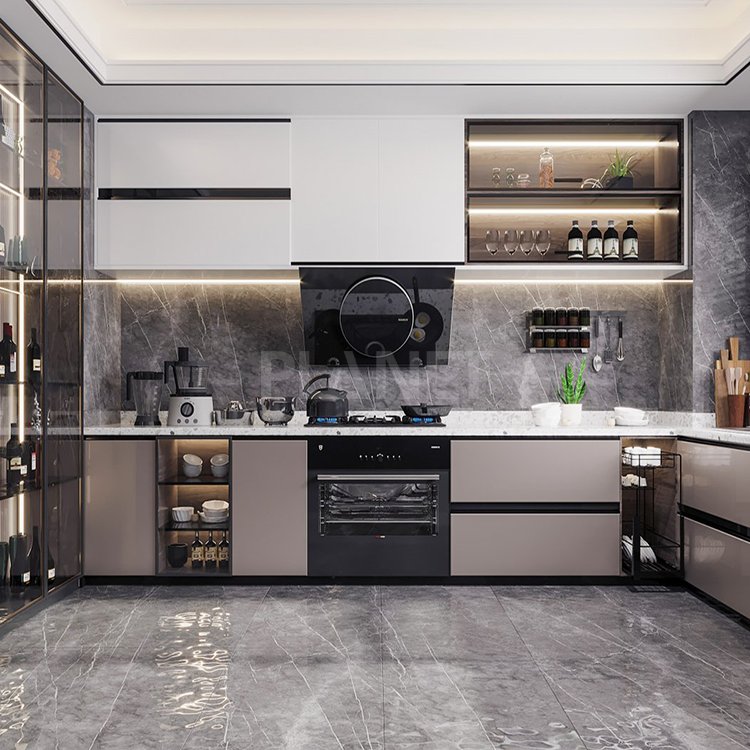 Prefab house white marble countertop matte black base cabinet wood grain kitchen wall cabinet for villa drawing room