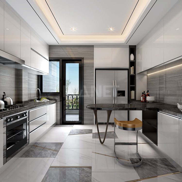 Prefab house white marble countertop matte black base cabinet wood grain kitchen wall cabinet for villa drawing room