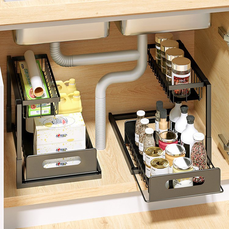 Hot Selling 2 Tier Kitchen Cabinet Storage Rack Sink Storage Rack Pull-out Drawer Basket Detachable