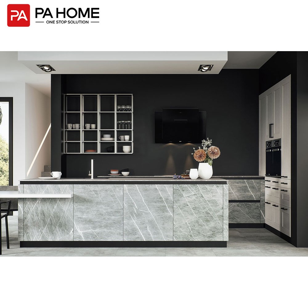 PA China mobile home acrylic mdf white oak shaker doors panel pvc smart cheap price non second hand kitchen cabinet