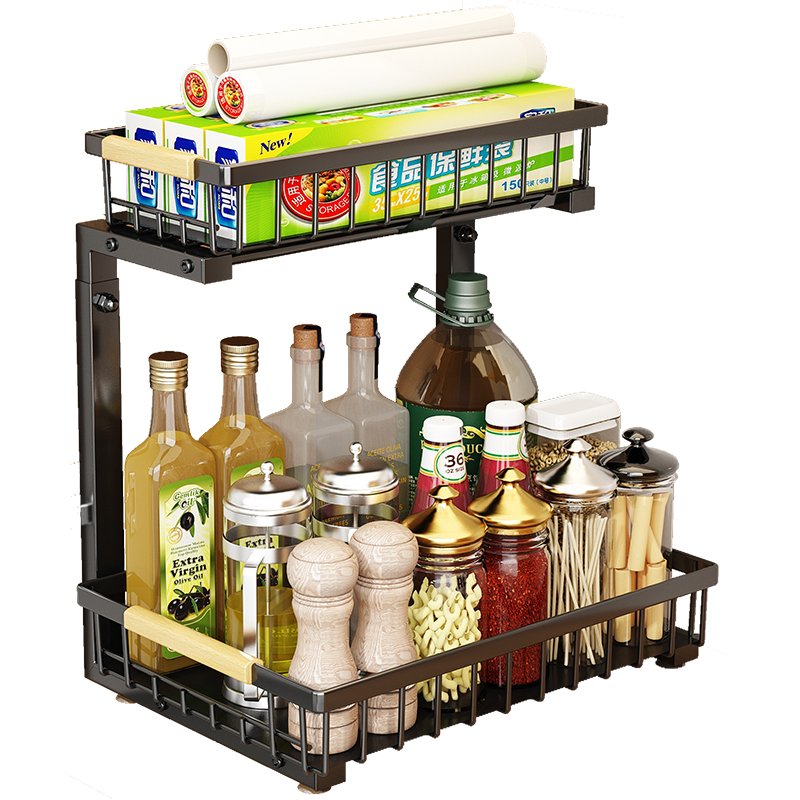 2 Tier Spice Drawer Organizer Black Metal Put Out Basket Slid Expandable Under The Sink Organizer For Kitchen Bathroom Cabinet