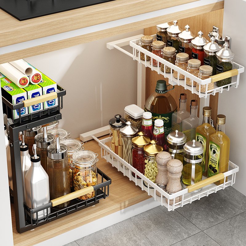 2 Tier Spice Drawer Organizer Black Metal Put Out Basket Slid Expandable Under The Sink Organizer For Kitchen Bathroom Cabinet