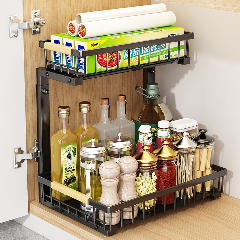 2 Tier Spice Drawer Organizer Black Metal Put Out Basket Slid Expandable Under The Sink Organizer For Kitchen Bathroom Cabinet
