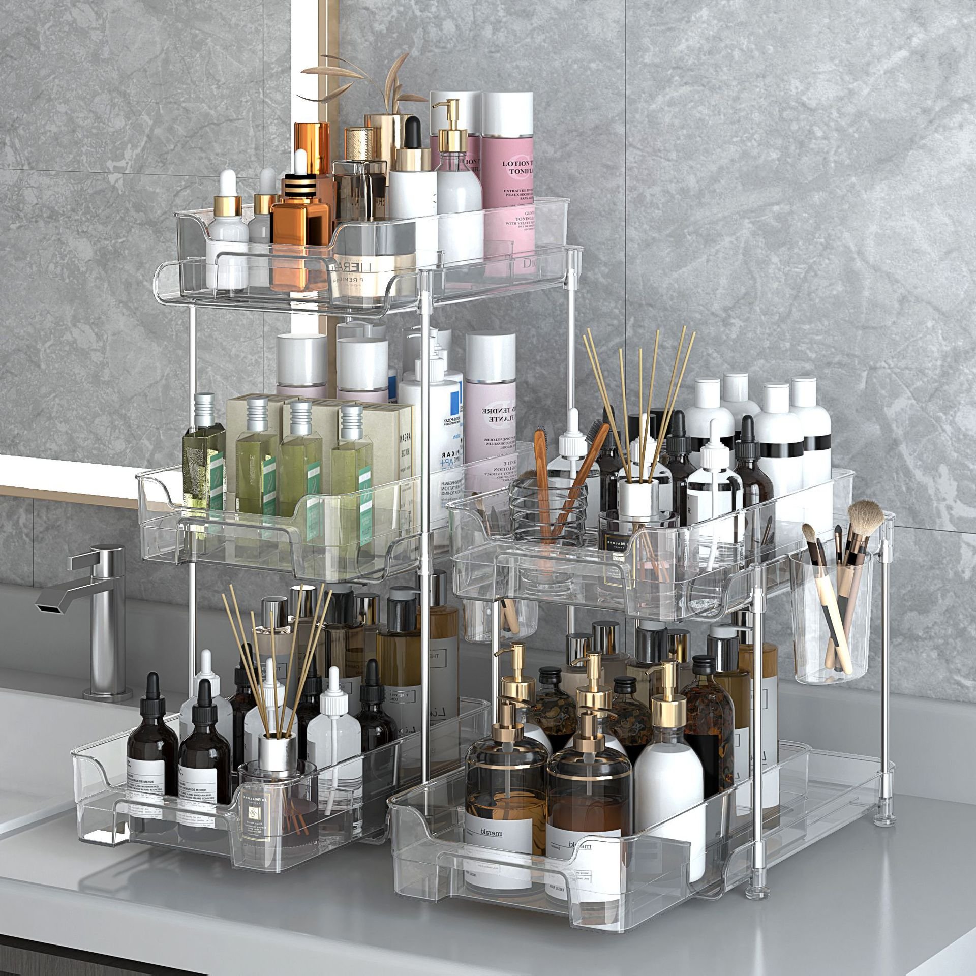 Plastic transparent Storage Container Basket Drawer rack 2 Tier Clear Organizer with Dividersack