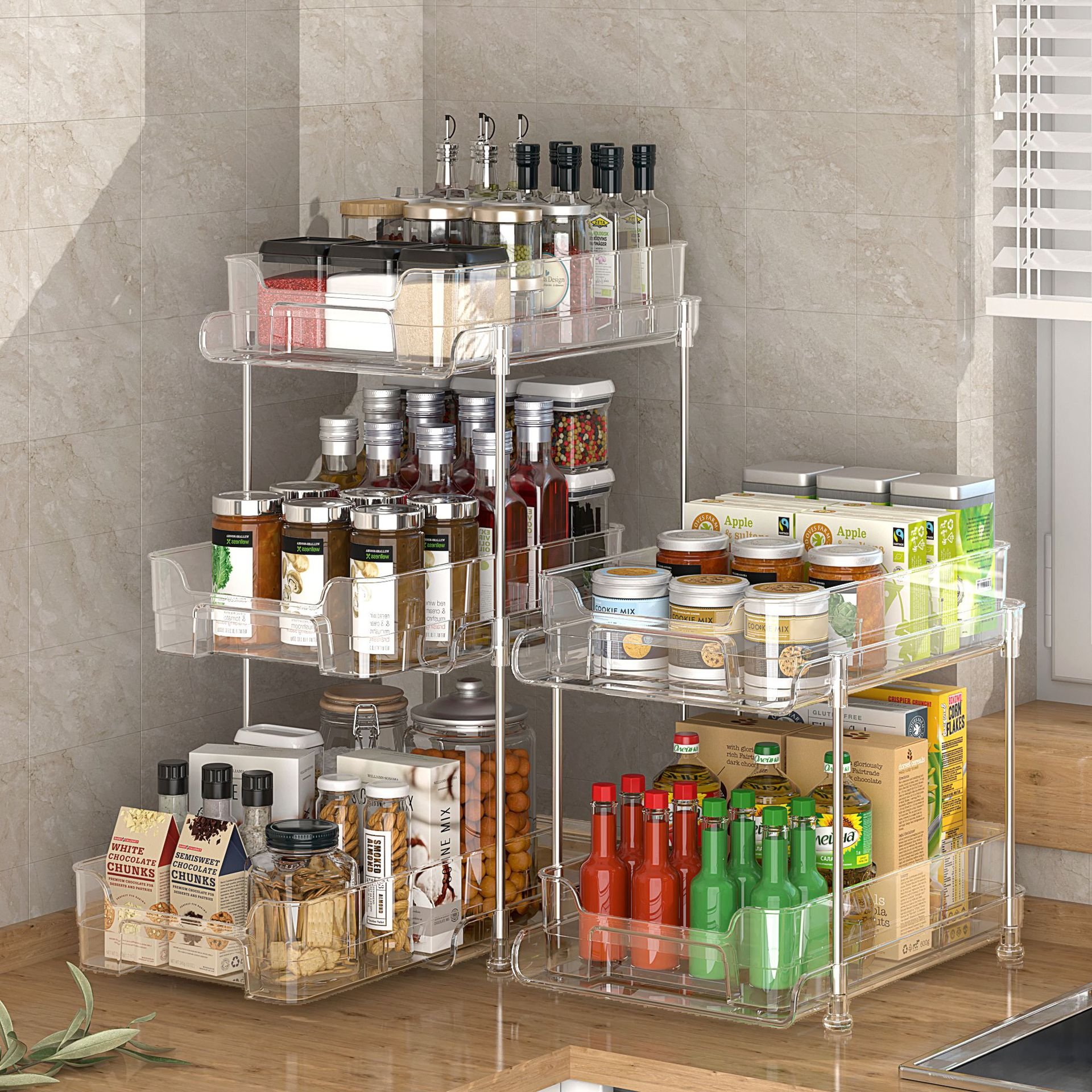 Plastic transparent Storage Container Basket Drawer rack 2 Tier Clear Organizer with Dividersack