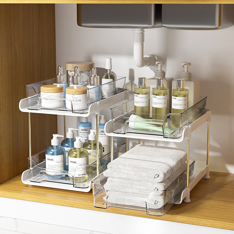 Plastic transparent Storage Container Basket Drawer rack 2 Tier Clear Organizer with Dividersack