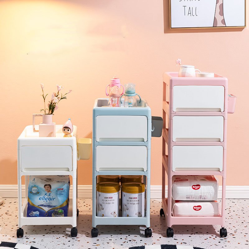 Sesame Baby's Hand Carts & Trolleys Drawer Storage Plastic Food Trolley Cart Movable Storage Rack With Holes Board Side Basket