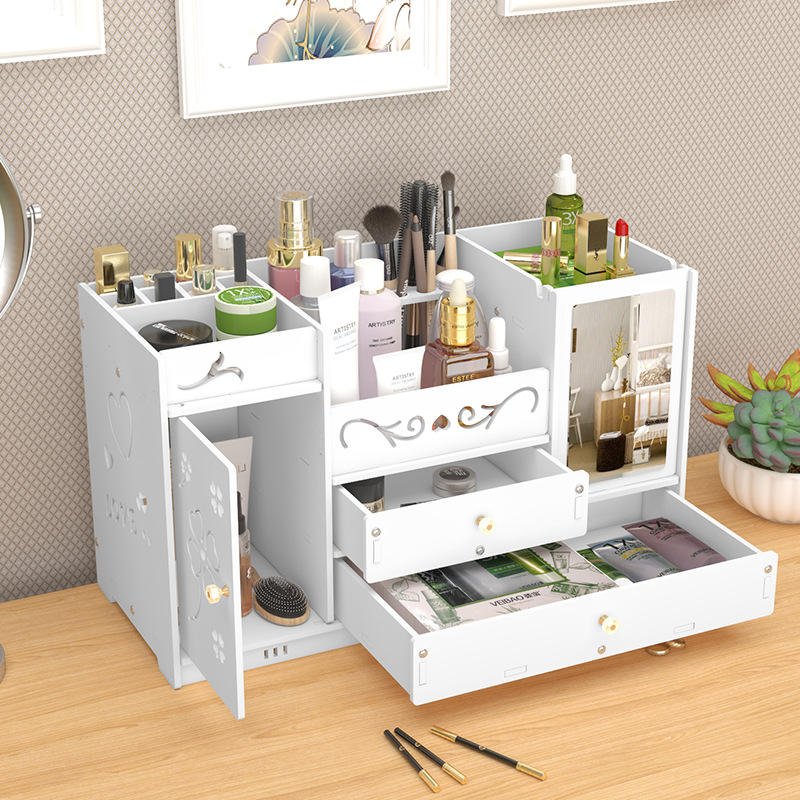 Multifunctional Luxury White Round Mirror Nordic cosmetic storage box makeup organizer with cat ears with Mirror
