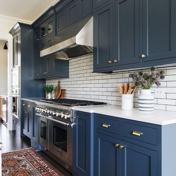 Designer solid wood melamine navy blue shaker smart modular kitchen cabinet complete set kitchen wall cupboard
