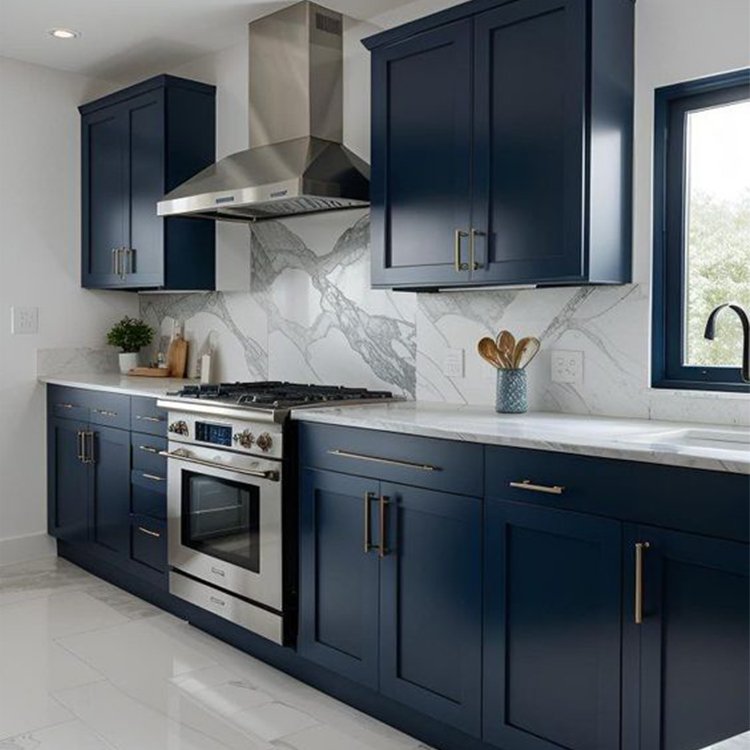 Designer solid wood melamine navy blue shaker smart modular kitchen cabinet complete set kitchen wall cupboard