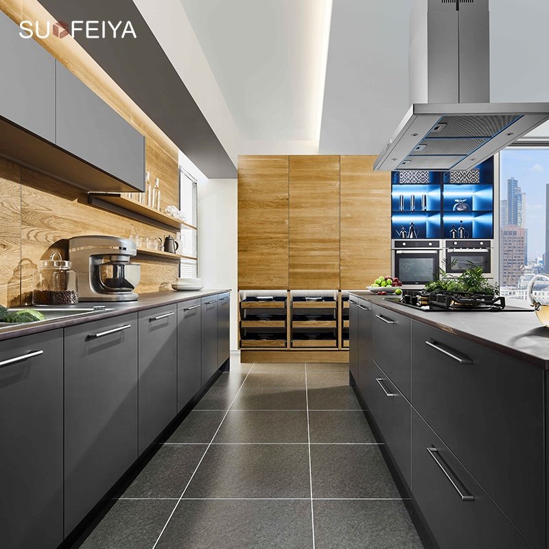 Suofeiya Simple Designs Fitted 2 Colour Laminate Sheet Inside Kitchen Cabinets with Clean Handle-less Look