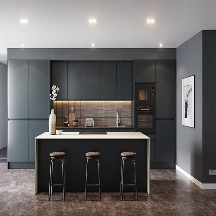 Modern MDF kitchen pantry matt black lacquer kitchen cabinet