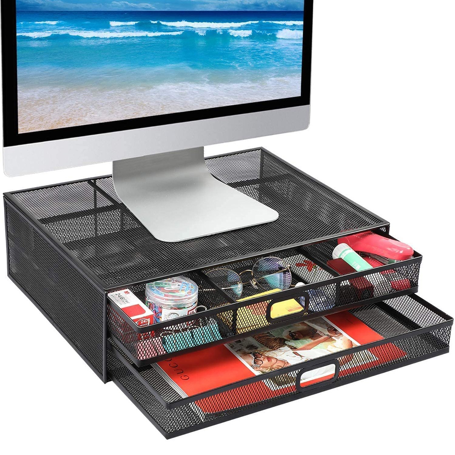 Metal Mesh Desk File Stationery Organizer Monitor Stand Riser and Storage Box Holder Documents Storage Drawers for Office Use