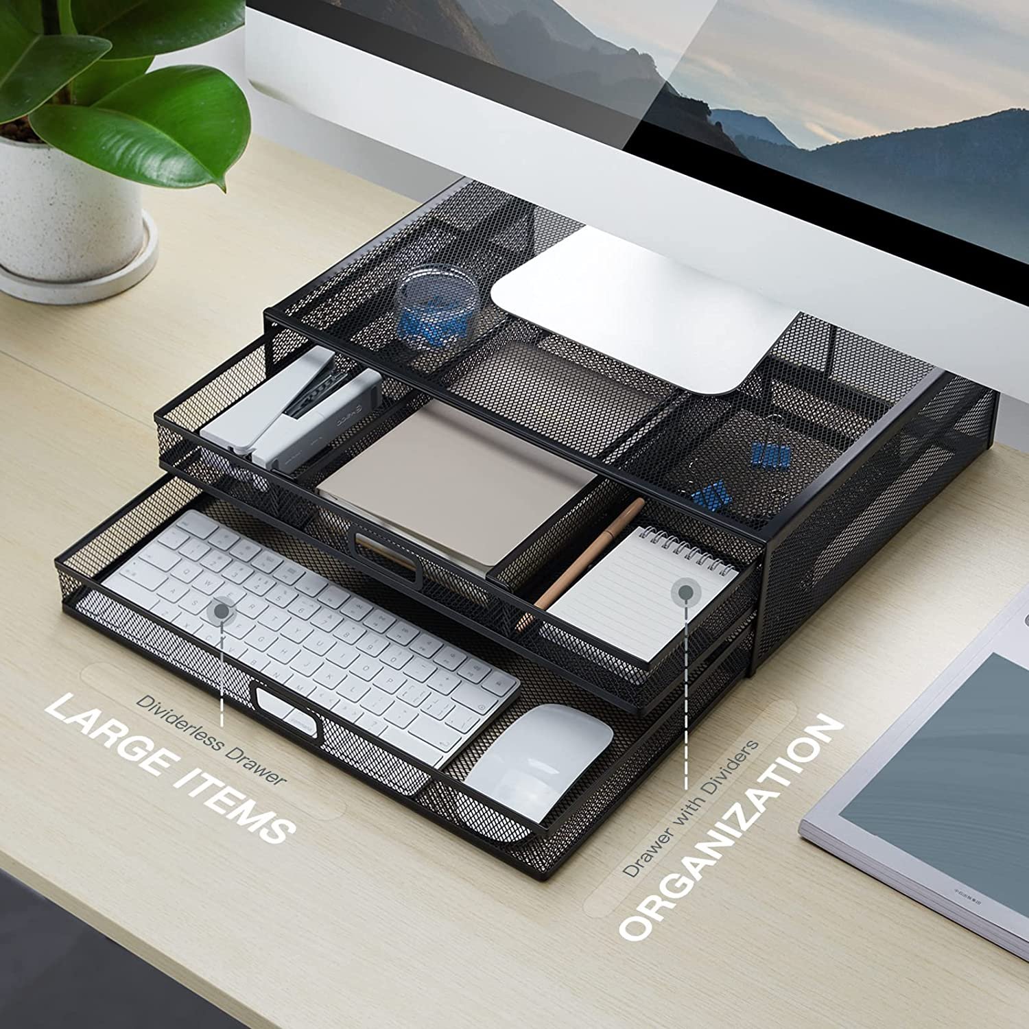 Metal Mesh Desk File Stationery Organizer Monitor Stand Riser and Storage Box Holder Documents Storage Drawers for Office Use