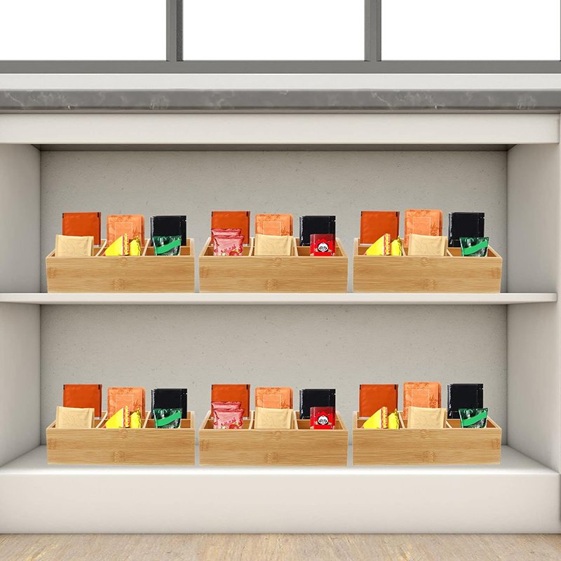 Bamboo Holder Divided Storage Organizer Drawer Box Bamboo Food Storage Bin Container with 6 Compartments for Snacks