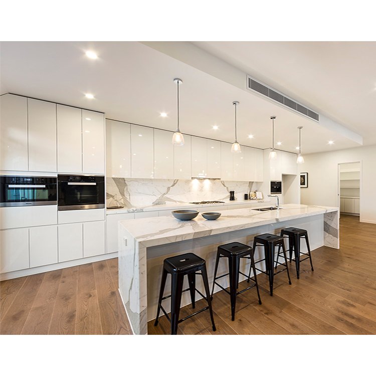 Custom modern wooden cabinetry complete sets classic pearl white high gloss lacquer kitchen cabinet with island