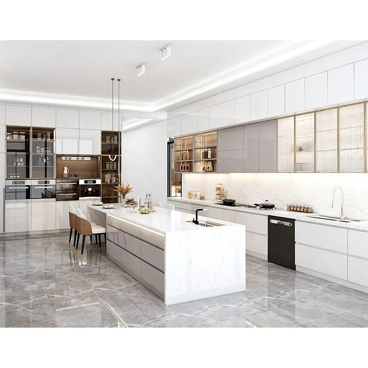 Custom modern wooden cabinetry complete sets classic pearl white high gloss lacquer kitchen cabinet with island