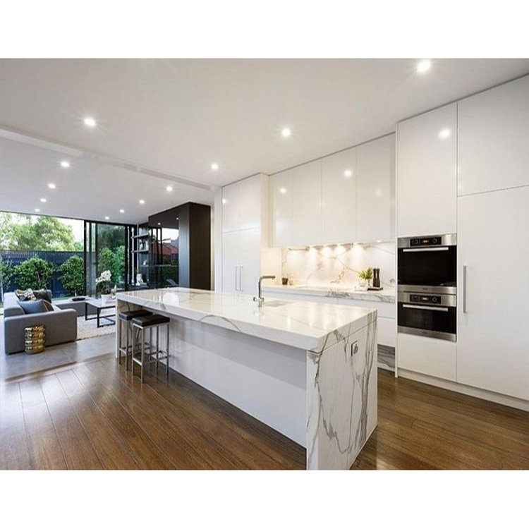 Custom modern wooden cabinetry complete sets classic pearl white high gloss lacquer kitchen cabinet with island