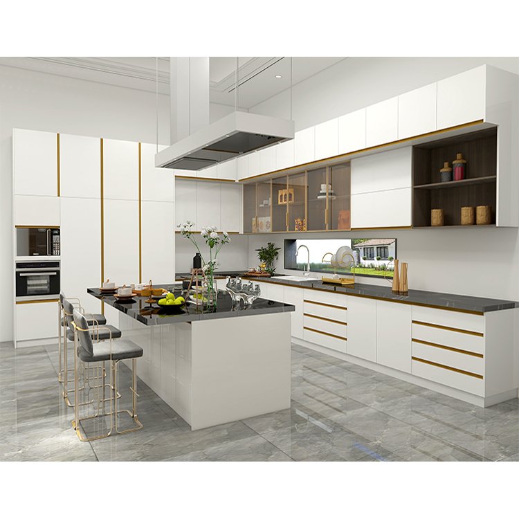 Custom modern wooden cabinetry complete sets classic pearl white high gloss lacquer kitchen cabinet with island