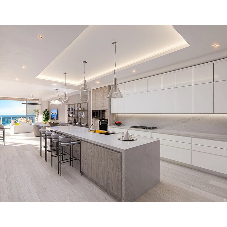 Custom modern wooden cabinetry complete sets classic pearl white high gloss lacquer kitchen cabinet with island