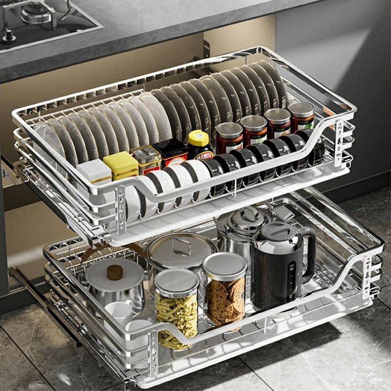 New Kitchen Cabinet Accessories Pull Out Dish Rack Basket Organizer Sliding Cabinet Organizer Drawer Wire Basket Elevator