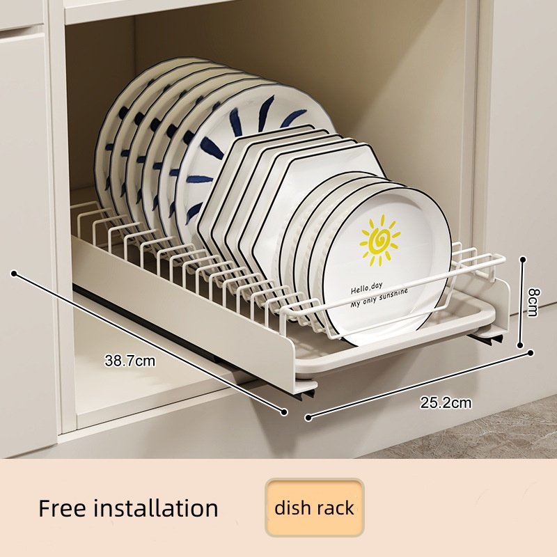 Kitchen Dish Storage Rack Pull-out Drawer Type Metal Cabinet Dish Basket Organizer with Tray