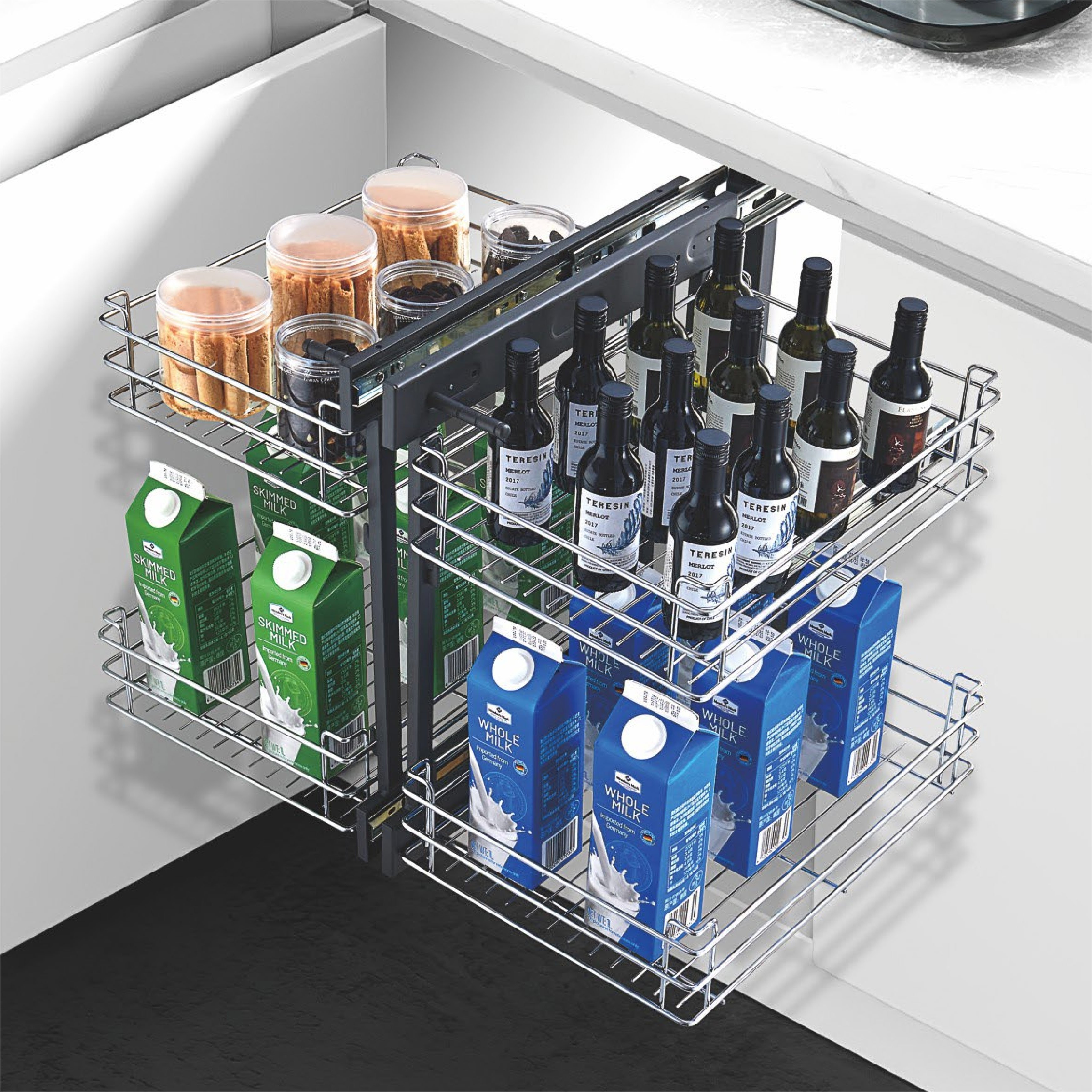 Kitchen universal magic corner for kitchen cabinet blind corner swing tray pull out cabinet magic corner glass grey basket
